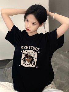 Loose Womens Cotton-Like Short-Sleeve T-Shirt Black American High Street Fashion Spring Summer Print Casual round Neck Top