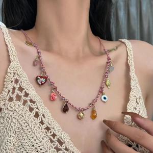 Handmade Adjustable Colorful Beaded Necklace for Girls Vintage Multi-Element Pendant Precise Jewelry Fashionable Heavy-Worked