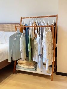 LACCOHUG Bamboo Clothes Rack Foldable 50/80CM Tempat Gantung Baju Rak Baju Wardrobe Coat Rack Clothes Hanging Rack Bedroom Dormitory 衣帽架