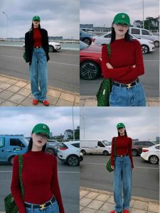 เสื้อเชิ้ตคอสูงทรงสลิมฟอกสีแดงสไตล์ฝรั่งเศสย้อนยุคสำหรับผู้หญิง เสื้อยืดแขนยาวฤดูใบไม้ร่วง/ฤดูหนาว เสื้อชั้นในสุดเซ็กซี่