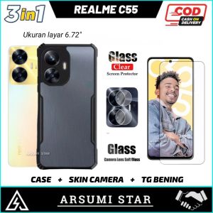 PAKET 3 IN 1 CASE REALME C55 SERIES HARDCASE ARMOR TPU SHOOKPROF TRANSPARAN CASING + ANTI GORES CERAMIC ANTI SPY + SKIN CARBON 3D