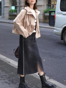 High Elasticity A-Line Denim Skirt Vintage Washed White Color Block Retro Black Half Skirt Womens Casual High Waist Skirt