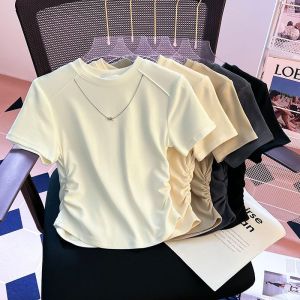 Summer New Style Womens round Neck Short Sleeve T-Shirt Folded Waist Short Fit Ins Top Korean Version Modal Fiber 95% Spandex 5%