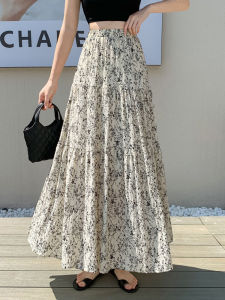 French Chiffon Floral High Waist Slimming Ruffled Skirt for Women Long Dress Style A-line with Big Swoop Umbrella Skirt