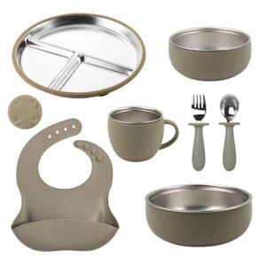 7-Piece Childrens Dishes Set Baby Stainless Silicone Tableware Set Suction Cups Forks Spoons Mother and Baby Supplies