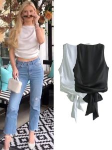 Áo Thun Nữ Không Dây Mới Có Họa Tiết Đan Xen Cổ Chữ V Tay Ngắn Mùa Hè Không Có Thương Hiệu Polyester Không Có Mũ Không Có Khóa Kéo