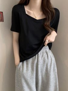 plus Size Womens Design Neck Short Sleeve Square Shoulder T-Shirt Summer Slimming Top Cotton Commute Style  Shape