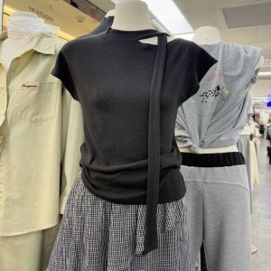 Ultra-Hand Feel Modal Cotton Black Neck Hollow out Short Sleeve T-Shirt Women Summer Slim Fit Short Style Shoulder Top