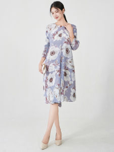 Premium Miyake Print Dress - Round Neck Mid-Length Flowy Tunic Loose Fit Silky Fabric for Women Slimming & Elegant Plus Size (Free Shipping)[25723zsj]