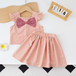 ชูดเซตเสื้อผ้าเด็ก ลายตา รูปลักษณ์ คู่พิกเชิง สีชมพู ยืด โบว์ แขน ลอย และ กระโปรง ชุด 2-6 ปี