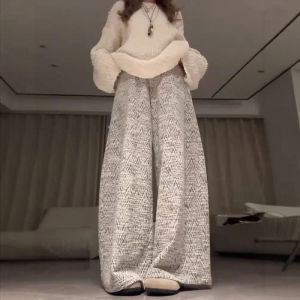 Laid-back Knitted Silver Thread Straight Leg Pants High Waist Elastic Polyester Fiber Warm Casual Pants Elegant Style