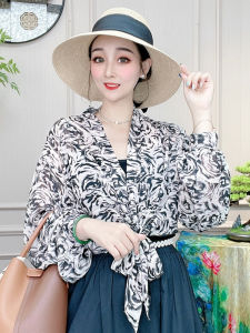 Summer Thin Chiffon Printed Shawl Womens Wide Sleeve Short Length Sun Protection Outerwear Versatile New Style 2025 with Strap Dress