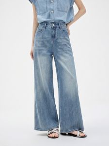 Basic House | Blue Tencel Loose High Waist Straight Leg Wide Leg Denim Pants
