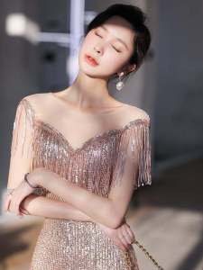 Evening Gown Womens Shoulder Tassel Slim Fit Hostess Adult Ceremony Luxury Fish Tail Heavy Work Zipper Style Princess Ball Dress