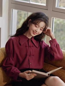 Spring 2025 Chinese Style Long Sleeve Womens Shirt Wine Red Casual Brushed Button Design All-Match Straight Cut Warm Shirt
