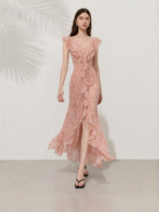 D-PLAY | Pastoral Style Pink Floral Double Ruffle Decorated Long Dress