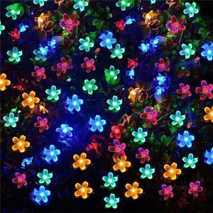 Flower Solar String Lights Outdoor Waterproof Led Bulb Fairy Lights Heavy Duty 5M/6.5M/7M Automatic With Solar Panel For Bedroom Garden Lawn Camping Wedding Party Christmas Tree Decoration Sakura Light