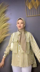 Kemeja Saku Motif Salur Setrip Hitam Putih Cewek Jumbo Wanita Bahan Rayon Adem By Azka Collection