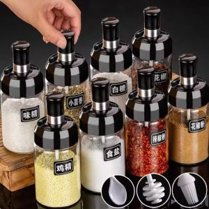 250ml Spice Jar Spoon Cap Sealed Seasoning Bottle Glass Seasoning Bottle Container Salt Sugar Pepper Oliver Oil Storage Kitchen Tool