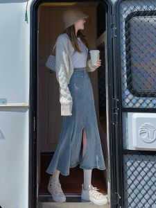 High Waist Mid-Length A-Line Denim Skirt with Fish Tail And Side Slit Pastel Blue Spring Autumn New Style for Young Women