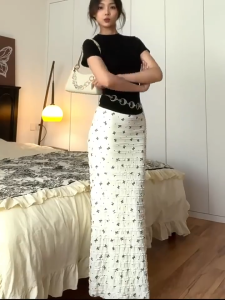 FASHLOVER Vacation Style Skirt Bow Long Skirt Lace Hollow-out Floral Fishtail Skirt Women