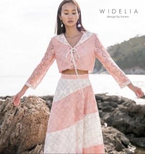 Two Tone Long Sleeve Collar Front Tie And Stenciled Long Skirt Set - Price