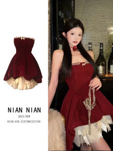 Red Velvet One Shoulder Short Skirt Christmas New Year Party Dress Womens Autumn Winter Fashion High Waist Puffy Skirt