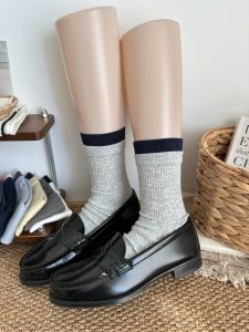 Thickened Winter Mid-Calf Socks Womens Color Block No-Cuff Cotton Bulk Socks for Small Leather Shoes Grey Contrast Color