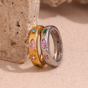 E.B.belle Elegant Water Drop Rectangular Sun Clear Colorful Zircon Womens ring gold plated premium stainless steel jewelry