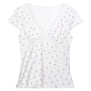 YUEZHONGWEI | French Floral V-neck Lace Splice Cross Short Sleeve T-shirt Women Summer New Style Slim Fit Short Length Top Korean Style