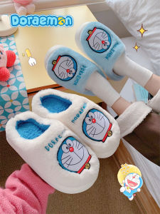 รองเท้าแตะบ้านผ้าขนแกะนุ่มกันลื่นสำหรับฤดูใบไม้ร่วงและฤดูหนาว รองเท้าแตะผู้ชายลาย Doraemon สวมใส่สบายสำหรับคู่รัก รองเท้าสวมแบบสวมหัวกลม