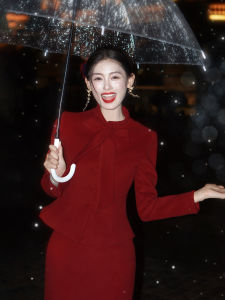 LINGQIAN | Elegant French Style Wool Suit Dress Bow Jacket Fish Tail Skirt Winter New Year