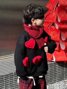 Boys Fleece Lined Hoodie Red New Year Visiting Clothes Warm Stylish Childrens Wear Cotton Polyester Blend Autumn Winter Kids Sweatshirt