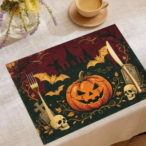 VIKAMA 2/4/6PCS Halloween Meal Mat Pumpkin Ghost Bat Black Cat Castle Skeleton Table Mat Absorbent Non slip Table Decoration