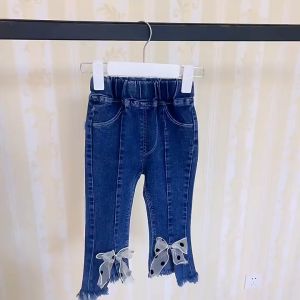 1-5 Years Children Girls Jeans Spring Summer Cropped Trousers Elasticity Bow-knot Flare Pants Deep Blue