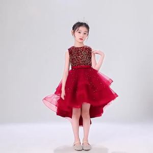 Childrens Dress New European and American Girls Sleeveless Puffy Veil Tailing Princess Dress Flower Girl Catwalk Piano Performance Skirt