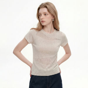 Slim Breathable Skin-Friendly Khaki Hollow Stripe Knit T-Shirt