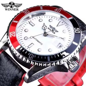 WINNER 002 Business Mens Automatic Mechanical Watches Simple Calendar Luminous Waterproof Leather Strap Men Fashion Wristwatch