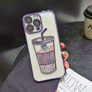 FLOVEME Liquid Quicksand Bling Glitter Sequins Milk Tea Cup Phone Case For iPhone 15 14 13 12 11 Pro Max With Lens Film Protector Plating Transparent Silicone Shockproof Back Cover For iphone 15 14 13 12 11