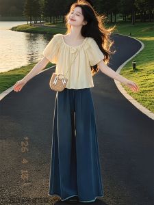 Shalldoer | Beautiful Elegant Set Short Sleeve Chiffon Blouse Wide Leg Denim Pants