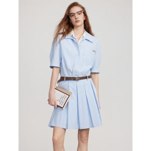 Elle French Style Ruche Silk Shirt Dress Womens Summer New Waist Cinched Pleated A-Line Short Skirt Single Piece Regular Thickness