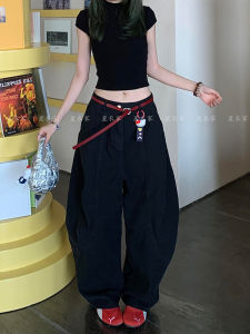American Style Lazy Girl Loose Fit High Waist Wide Leg Jeans Womens Summer Vintage Black Floor-Length Knife Edge Pants