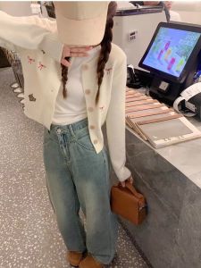 Sweet Long Sleeve Knitted Open Cardigan Women Early Autumn 2024 New Butterfly Knot Design Slim Short Top Coat Wool Blend