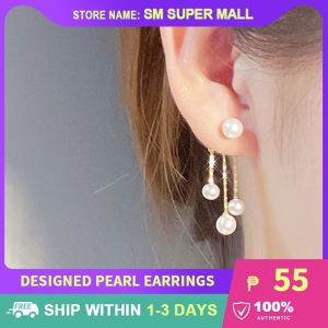 【Elegant】Minimalist Pearls Front-back Drop Earrings Linear Tassel Statement Jewelry Korean Style for Women Fashion Jewelry Accessories Girls Gift