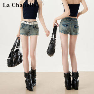 La Chapelle | Retro Blue Raw Hem Slim Fit Low Waist Short Shorts