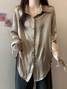 Luxurious Satin Long Sleeve Shirt Korean Style Loose Fit Womens Premium Fashion Spring New plus Size MM Medium Length Shirt