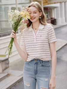 XIANGYING | Áo Thun Sọc Ngắn Tay Knit Sweetener