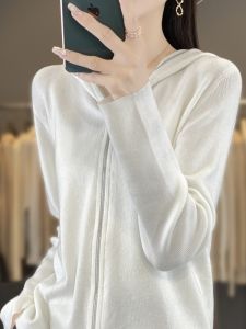 เสื้อคาร์ดิแกนถักคอวีผ้าขนสัตว์เนื้อบางพอดีตัวสวมหัวสำหรับผู้หญิง แขนยาว ปกโปโล ทรงหลวม ซิปคู่ สีพื้น ฤดูใบไม้ผลิ 2024