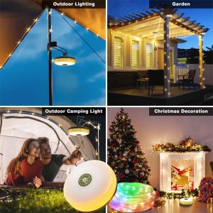 Solar/USB Charging 10M Long Waterproof Rechargeable LED Camping Light Camping String Light Hook Light 2-in-1 RGB Ambient Light