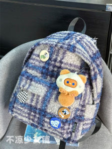 Retro Woolen Plaid Large Capacity Plush Double Shoulder Bag School Bag for Girls Autumn Winter Vintage Style Backpack